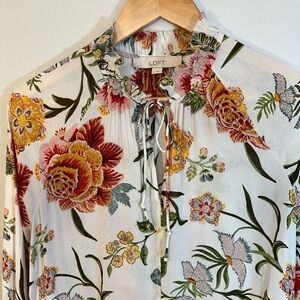 Loft Womens Blouse Floral High Smocked Neckline Ruffled Peplum Poppy Peasant M